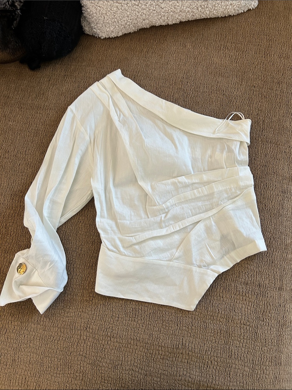 Asymmetric One-Shoulder White Linen Women's Top